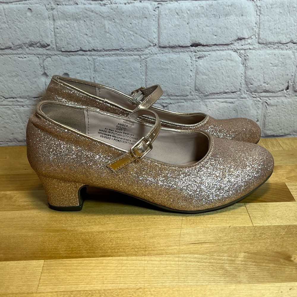Falls Creek Mary Jane Low Heel Glittery‎ Gold Dress Shoes Girl's Size 2